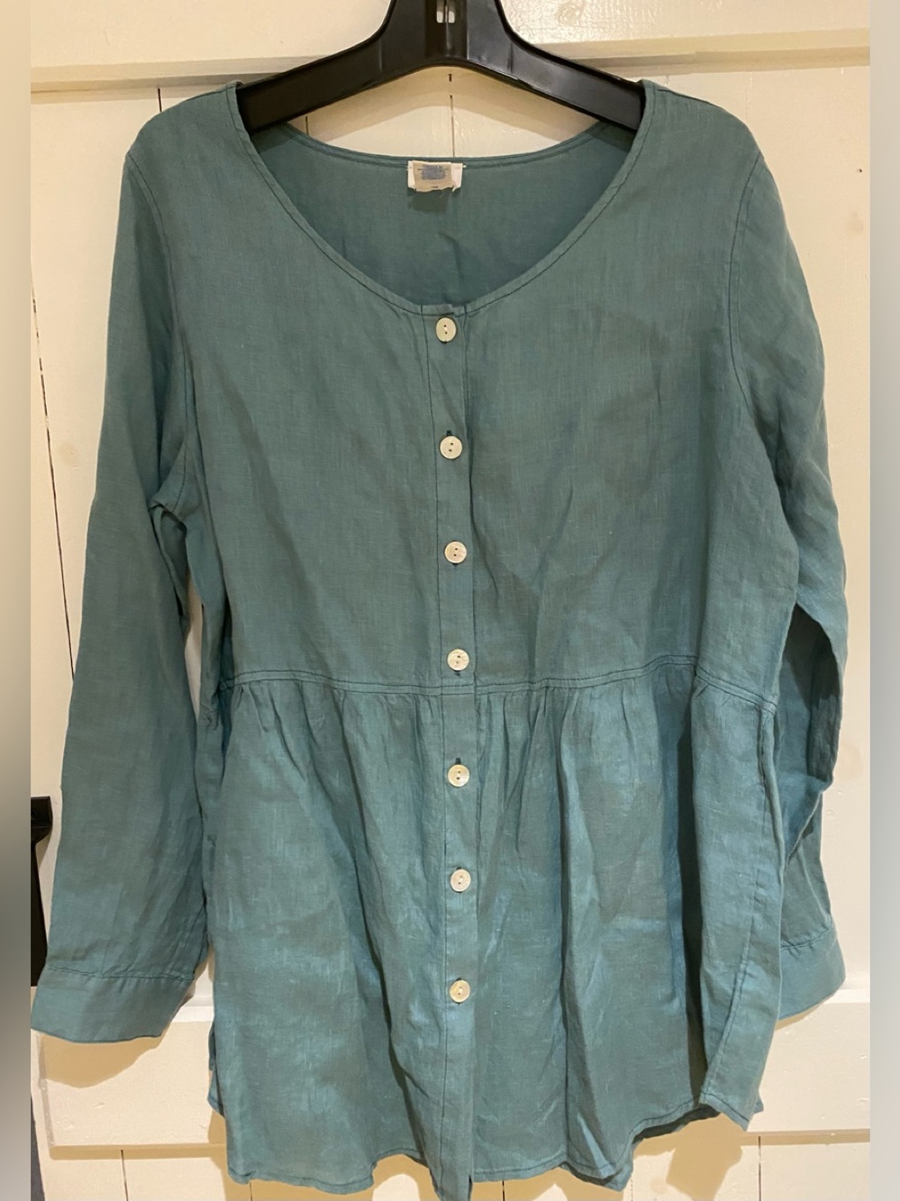 Sigrid Olsen Green 100% Linen Button Front Flowy Tunic peplum waist Sz L